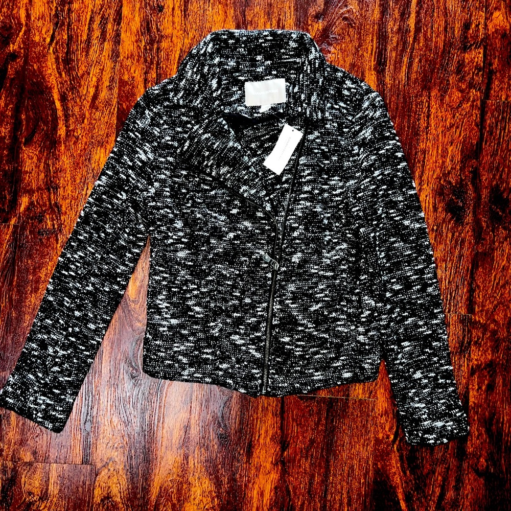 Banana Republic ElmoBlack White Asymmetrical Zip Sweater Moto Jacket Size 4